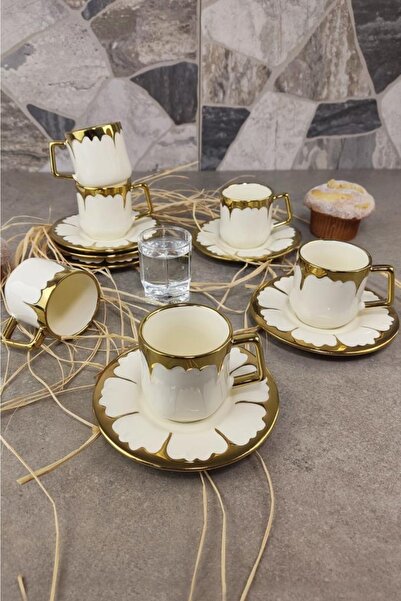 ACAR Gold Road Gold Krem Renkli 6 Kişilik Porselen Kahve Fincan Takımı 0176