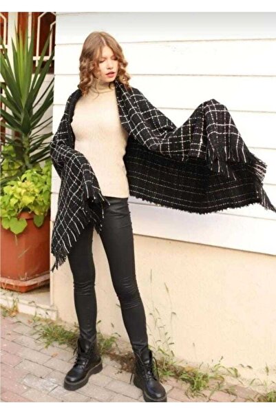 sema aksesuar Γυναικείο σάλι με φούντα σε μαύρο - λευκό