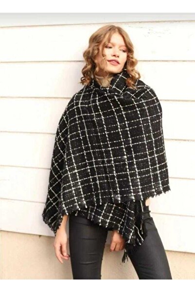 sema aksesuar Γυναικείο σάλι με φούντα σε μαύρο - λευκό