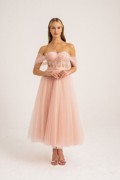 Lenta Moda Βραδινό φόρεμα και βραδινό φόρεμα με ντραπέ και κεντημένη δαντέλα σε σκόνη