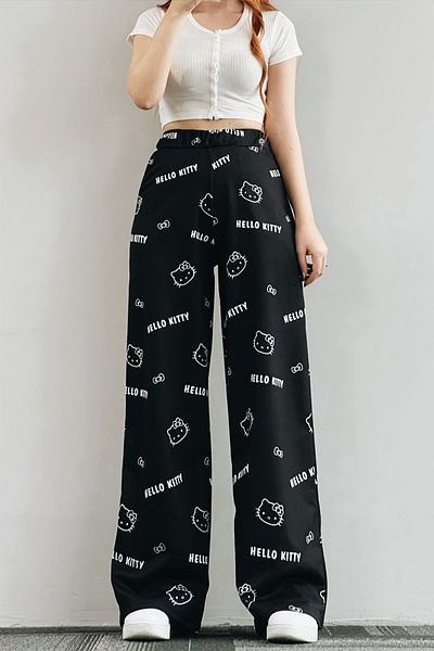 EFBUTİK Pantaloni de trening negri Hello Kitty cu picioare largi