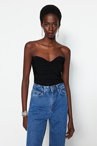 Trendyol Collection Nařasené černé pletené tělo – patentka, podšívka TPRSS23BD00027