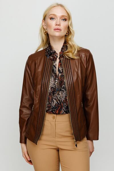 Ekol Kadın Fermuarlı Deri Mont 7505 Kahverengi