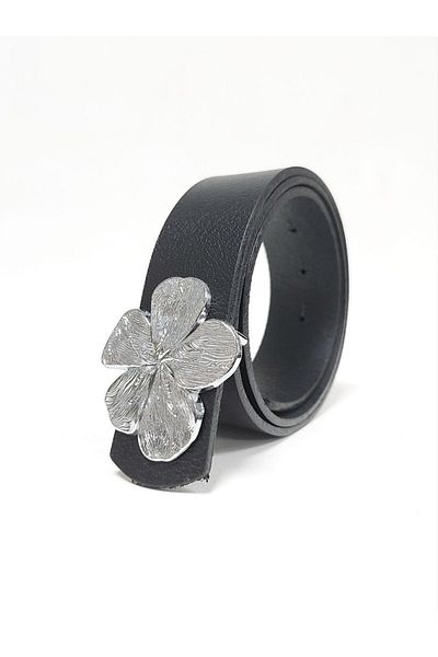Kemerix 100% Genuine Leather Women's Black Belt with Silver Buckle