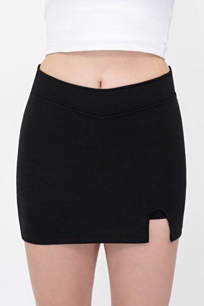 Soyo Kadın Siyah V Kesim Bel Yırtmaçlı Şort Etek