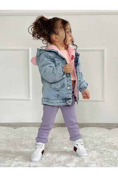 Pink Hippo Kids Jachetă de blugi pentru copii, cu glugă de pluș pe interior și aplicație de ursuleț pe spate