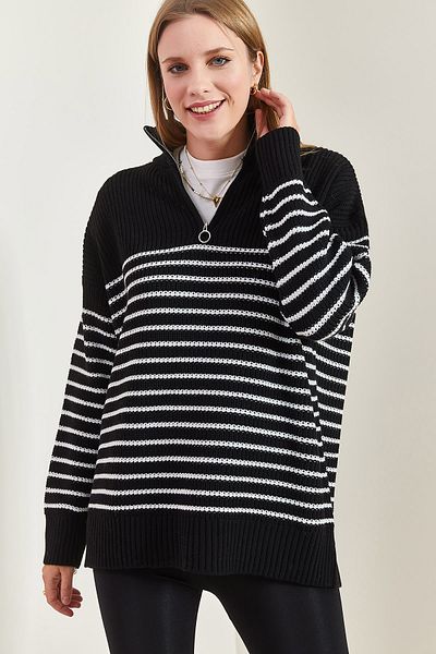 Bianco Lucci Sechs-Streifen-Strickpullover für Damen mit Rollkragen und Reißverschluss