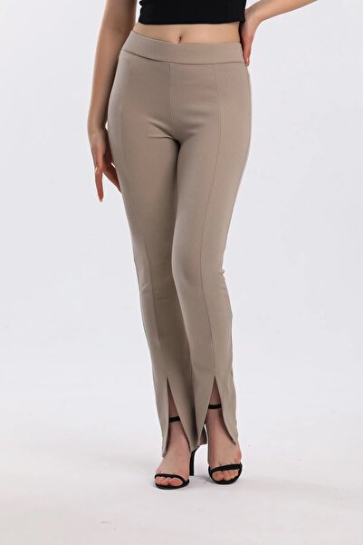 Swana Kadın Bej Yüksek Bel Önden Yırtmaçlı Fitilli Tayt