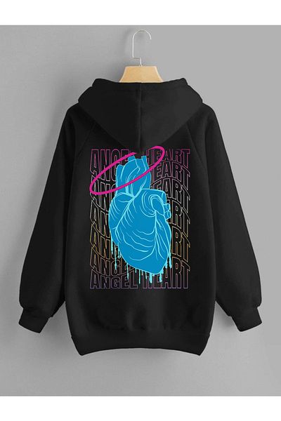 DEEPSENCE Unisex Hooded Sweatshirt Angel Heart Back Print Black
