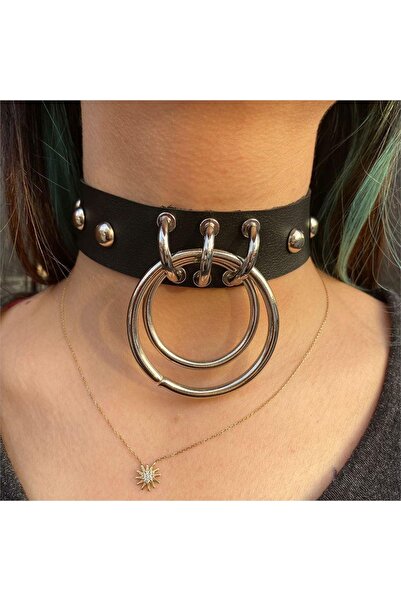 oldskoolbutik قلادة من الجلد الأسود مع حلقة تعليق مزدوجة على الطراز القوطي