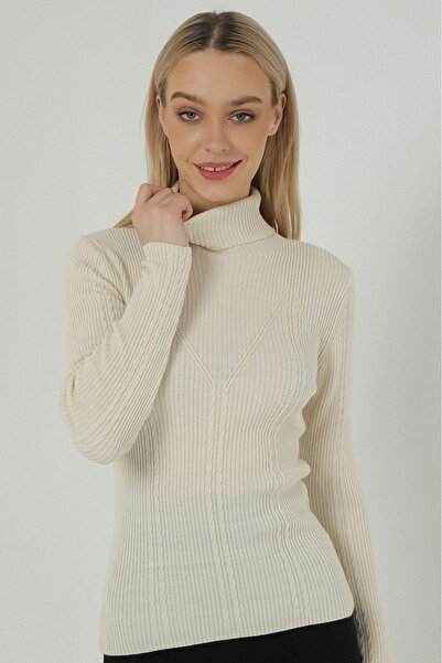 VEGENZE Women's Beige Turtleneck Ribbed Hair Knitted Patterned Knitwear Sweater
