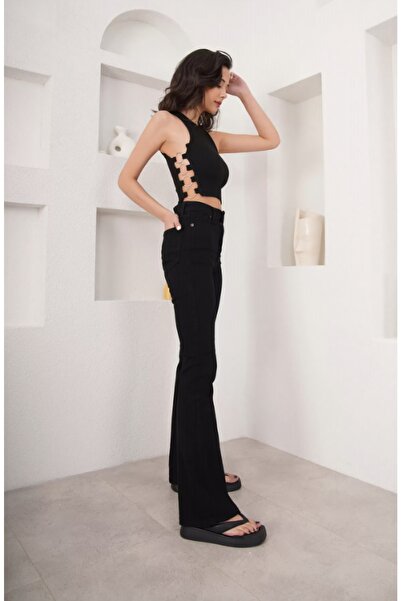 LİMABEL Džíny s vysokým pasem s rozšířenými nohavicemi Černé lycrové elastické džínové kalhoty