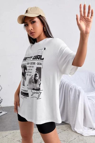 MODAGEN Women's White Pretty Girl Printed Oversize T-shirt