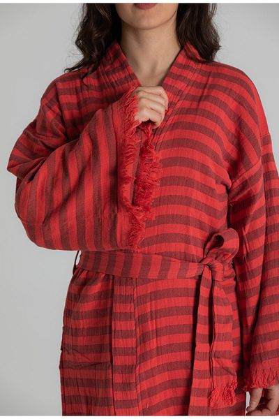 RUBYSTARS Red Striped 100% Cotton Comfortable Cut Tassel Detail Bathrobe&caftan