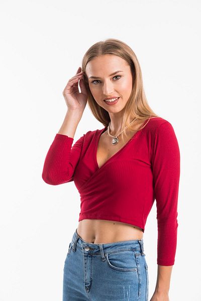 laughs Women's Red Double Breasted Neck Long Sleeve Camisole Crop Blouse