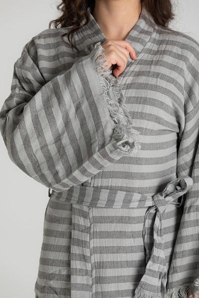 RUBYSTARS Ash Gray Striped 100% Cotton Comfortable Cut Tassel Detail Bathrobe&caftan