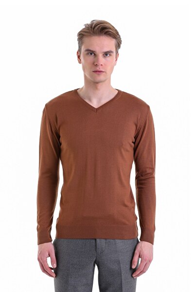 Hatemoğlu Tobacco Comfort Fit Plain V-Neck Woolen Sweater