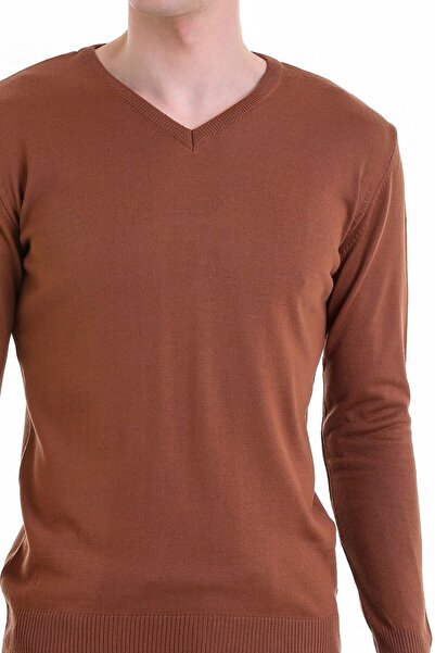 Hatemoğlu Tobacco Comfort Fit Plain V-Neck Woolen Sweater