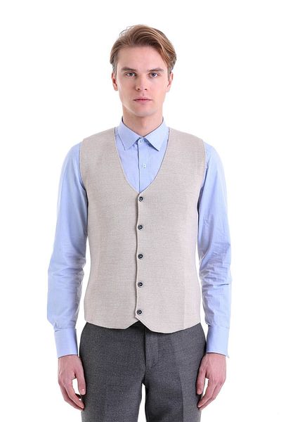 Hatemoğlu Beige Comfort Fit Plain V-Neck Woolen Classic Knitwear Vest
