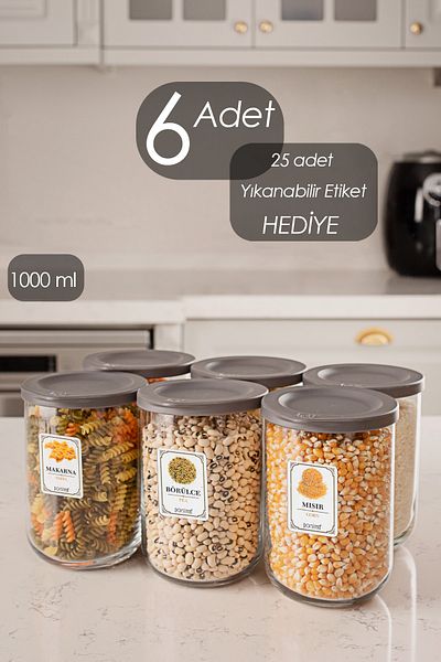 LAV Duo 6 Pieces Glass Storage Container Jar Set with Lids and Labels 1000 Cc