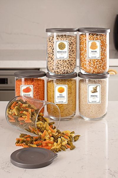 LAV Duo 6 Pieces Glass Storage Container Jar Set with Lids and Labels 1000 Cc