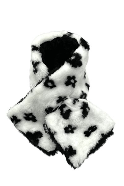 Differ Studio Eșarfă de pluș cu model de flori alb-negru pe două fețe