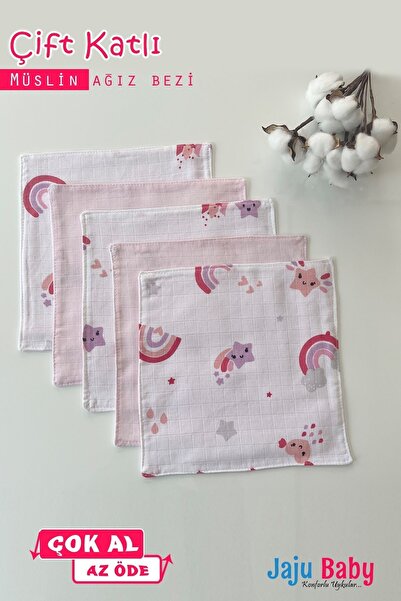 Jaju Baby Pembe 5 Adet %100 Pamuk Çift Katlı Müslin Kumaş Omuz Örtüsü Ağız Me...