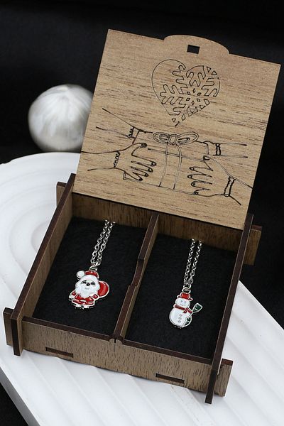 Dukkanka Set of 2 Santa Claus and Snowman Winter Concept Couple Dear Best Metal Necklace Written in Gift Box