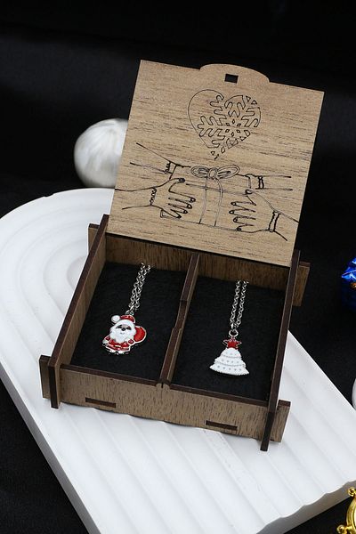 Dukkanka Set of 2 Santa Claus and Pine Winter Concept Couple Dear Best Metal Necklace Written in Gift Box