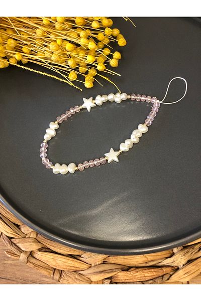 Stoneday Pink Crystal Gold Detailed Pearl and Star Phone Charm Accessory Strap
