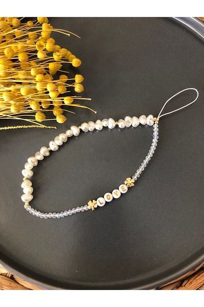 Stoneday Crystal Detailed Name Writable Clover Figured Pearl Phone Strap Charm Rope