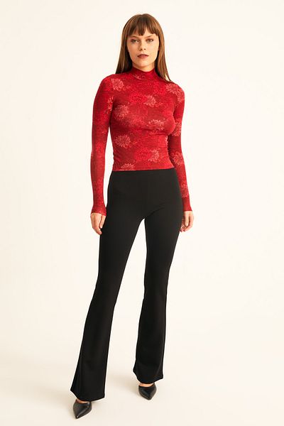 LACHT Women's Red Patterned Stand Collar Long Sleeve Blouse