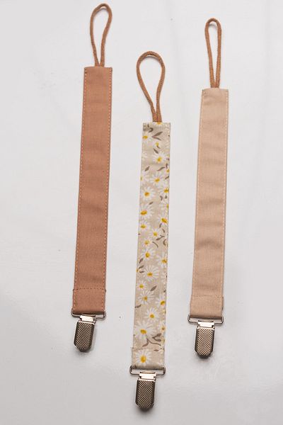 MyVera Mink Daisy Beige Pacifier Strap Set - Pacifier Chain Set of 3 - 100% Cotton Fabric