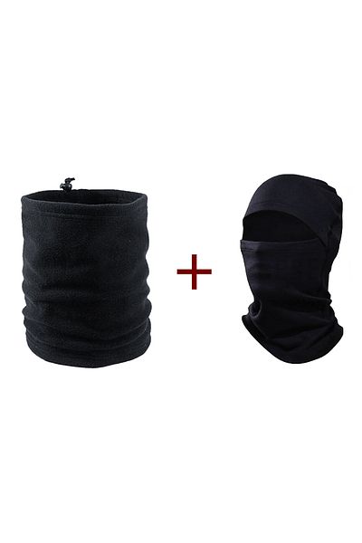 Mrey Unisex Set of 2 Black Thermal Winter Fleece Snow Mask Biker Helmet Drawstring Neck Collar Beanie Set