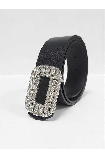 Kemerix 100% Genuine Leather Women's Black Belt with Stone and Silver Buckle