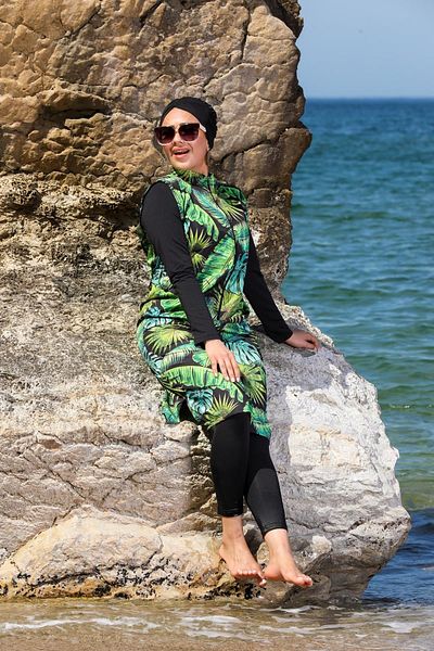 SEBOTEKS Πράσινο μοτίβο φύλλων μακρύ Gilet κλειστό Hijab μαγιό 2376