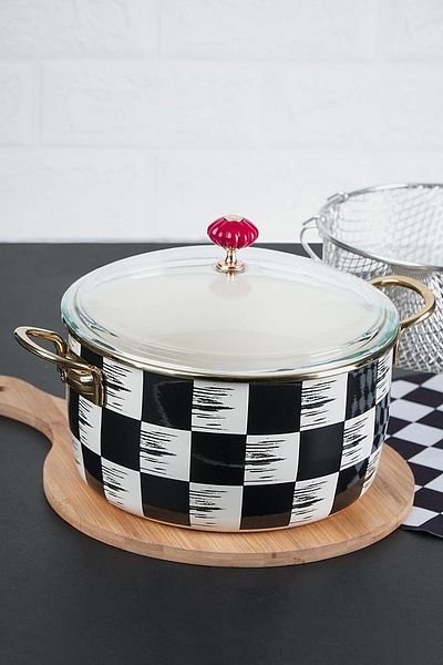 ACAR Kitchen Beyond Checkerboard Pattern Black-cream Enamel 22 Cm Wire Frying Pot 0249