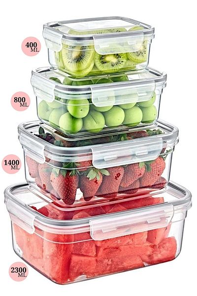 zezedesing Set of 4 Leak Proof Rectangular Embox Storage Container Transparent 400ml-800ml-1400ml-2300ml