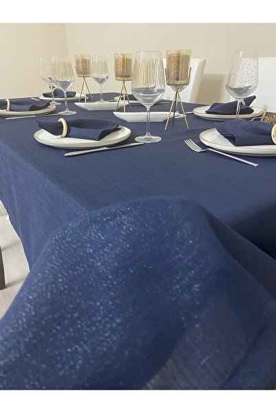 Zeren Home Simli Dertsiz Salon Masa Örtüsü Lacivert 25 Parça