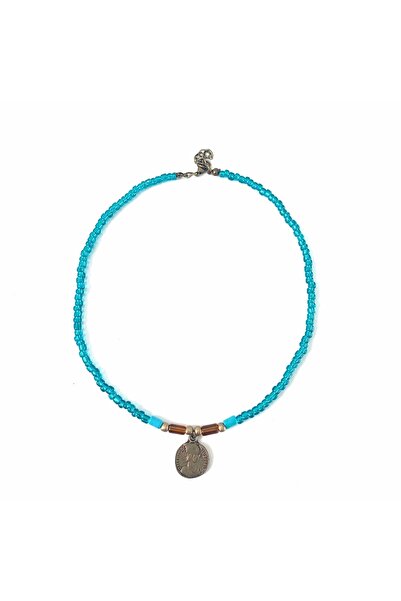 LeylanTakı قلادة نسائية باللون الأزرق العتيق مع ميدالية صفراء مصنوعة يدويًا