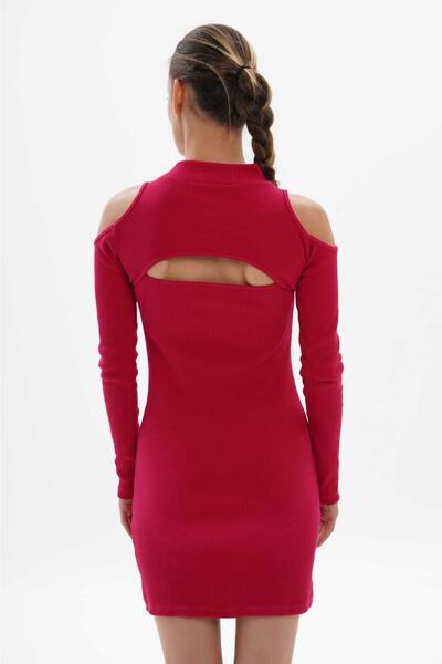 COSMICLINE Kadın Göğüs Ve Sırt Pencereli Yarım Balıkçı Omuz Açık Cut Out Bodycon Uzun Kollu Mini Elbise