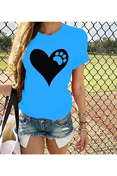 twomeey Γυναικεία μπλούζα από ύφασμα βισκόζης σε μπλε χρώμα με στάμπα καρδιάς