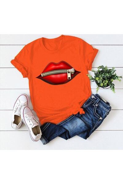 twomeey Γυναικείο πορτοκαλί μπλουζάκι από βαμβακερό ύφασμα με στάμπα χειλιών,...