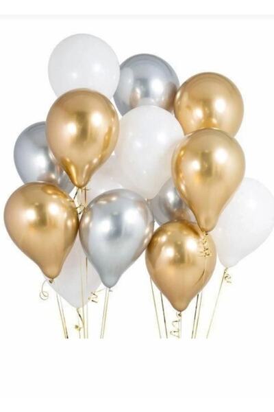 BalonEvi 12'li Metalik Sedefli 4 Gold - 4 Gümüş Gri- 4 Beyaz Balon , Helyumla...