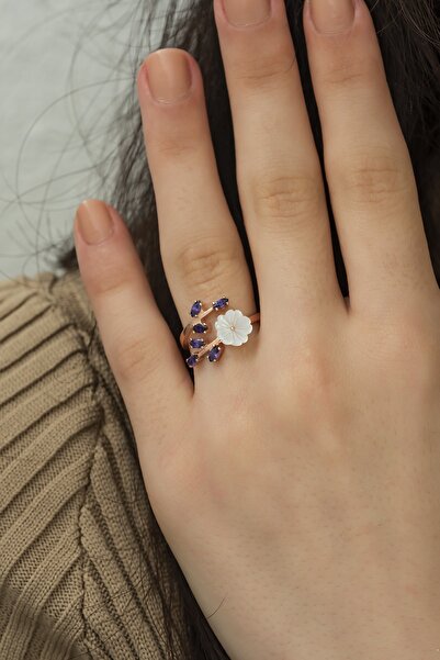 klas gümüş Ametist Taşlı Sedefli Manolya Ayarlanabilir Yüzük-925 Ayar Gümüş