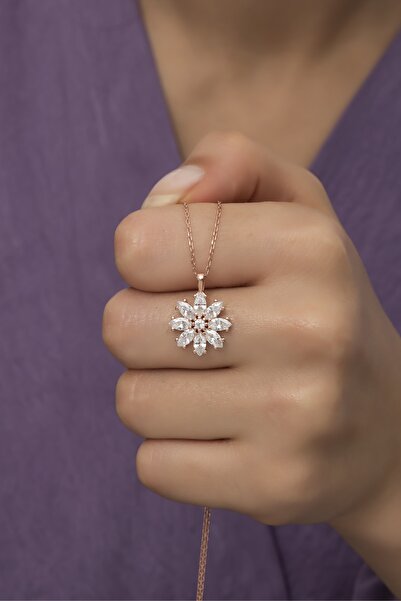 klas gümüş Beyaz Taşlı Rose Papatya Kolye-925 Ayar Gümüş