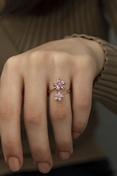 klas gümüş Pembe Taşlı Sevda Çiçeği Ayarlanabilir Yüzük 925 Ayar Gümüş