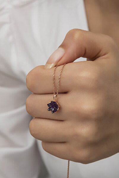 klas gümüş Ametist Taşlı Lotus Çiçeği Kolye-925 Ayar Gümüş