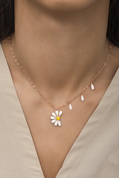 klas gümüş Papatya Seviyor Sevmiyor Mineli Rose Kolye-925 Ayar Gümüş