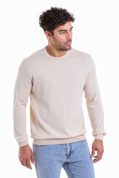 Hatemoğlu Men's Beige Regular Fit Plain 100% Cotton Crew Neck Knitwear Sweater